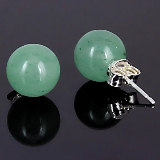 Ripple motif earrings-Green Jade Aventurine 10mm Ball Stud Post Earrings 14K White Gold