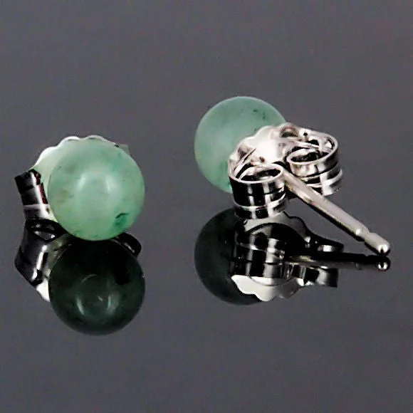 Knotted braid earrings-Green Jade Aventurine 4mm Ball Stud Post Earrings 14K White Gold