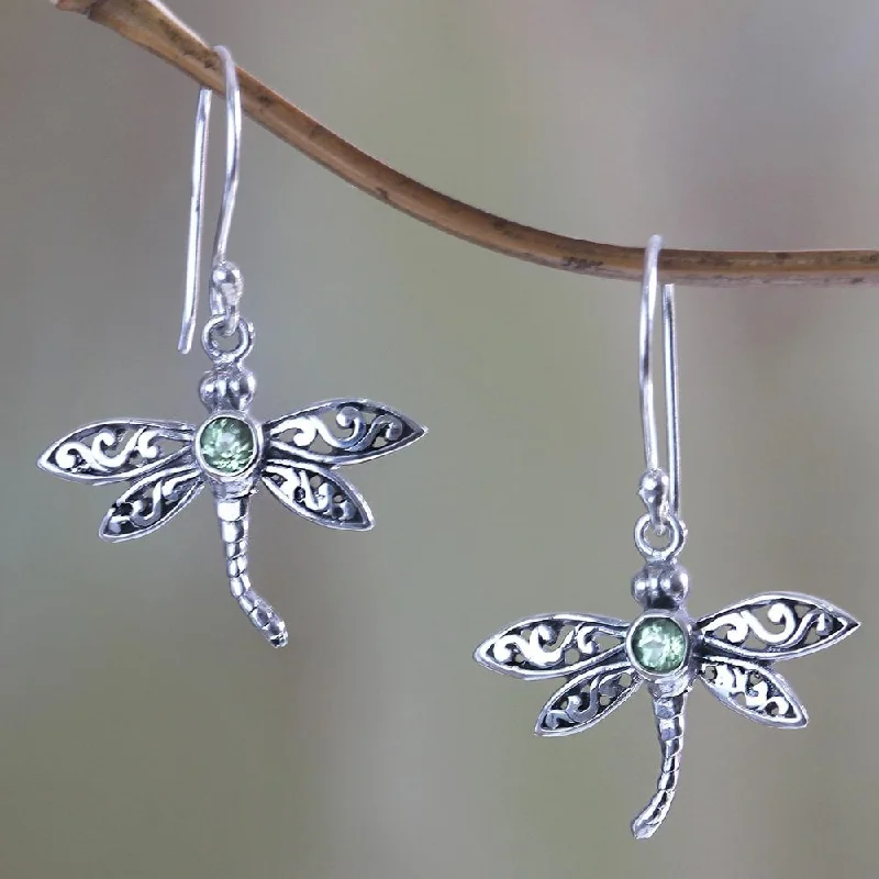 Surging wave earrings-Handcrafted Sterling Silver 'Enchanted Dragonfly' Peridot Earrings (Indonesia) - 1.3L*0.9W