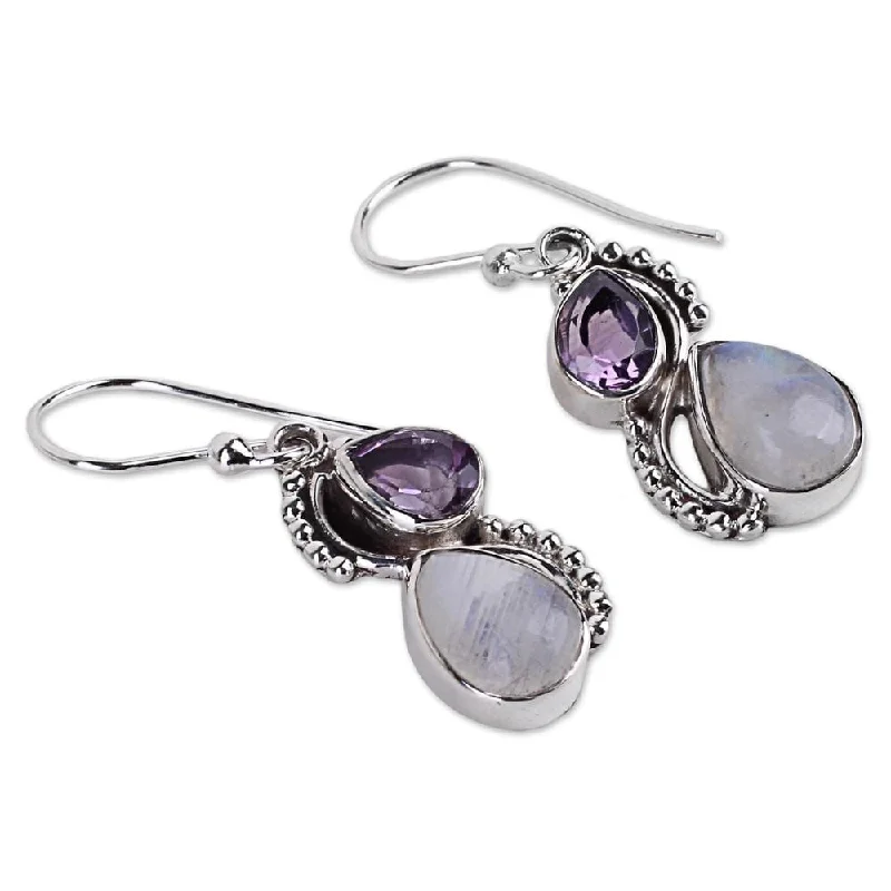 Shadow moon earrings-Handmade Amethyst and Rainbow Moonstone Dangle Earrings (India) - 1.4*0.4