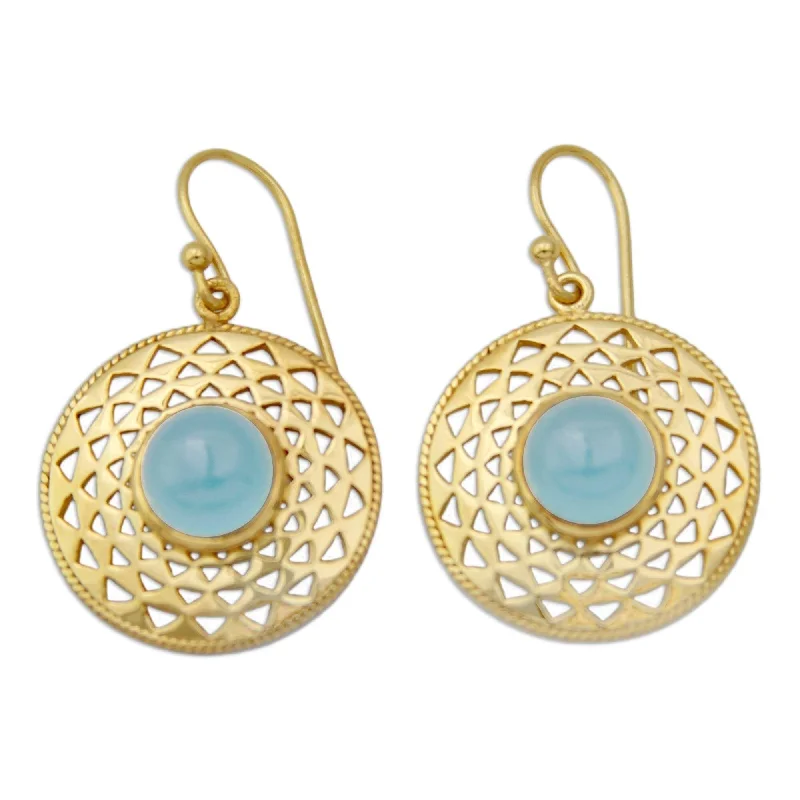 Ripple motif earrings-Handmade Gold Overlay 'Jaipur Suns' Chalcedony Earrings (India)