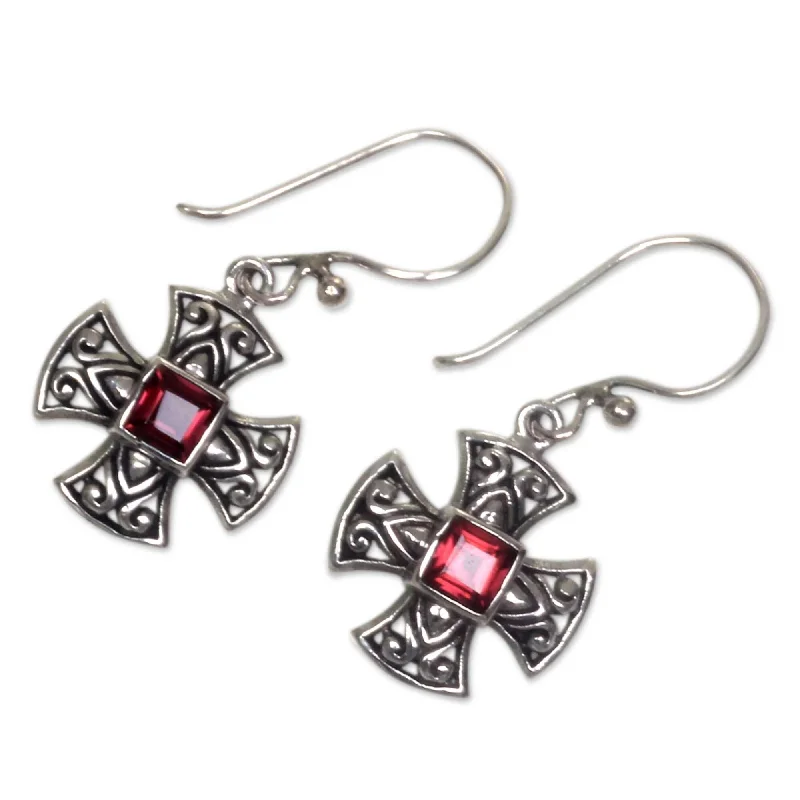 Untamed pearl earrings-Handmade Maltese Cross Sterling Silver Garnet Earrings (Indonesia)