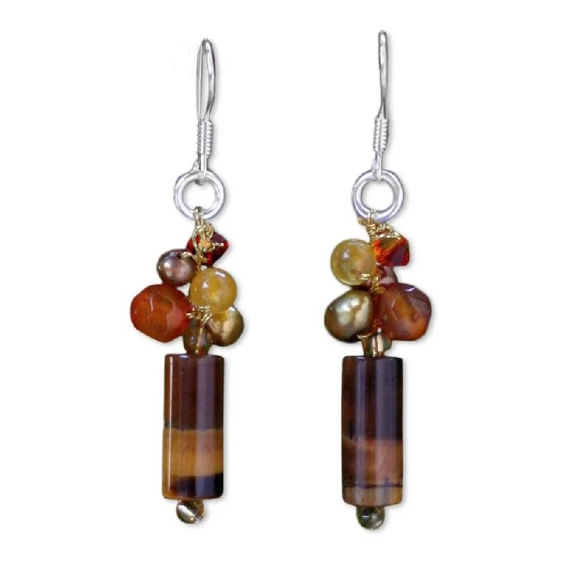 Furrowed pattern earrings-Handmade Pearl and Tiger's Eye Insightful Dangle Earrings (Thailand) - 1.8*0.4