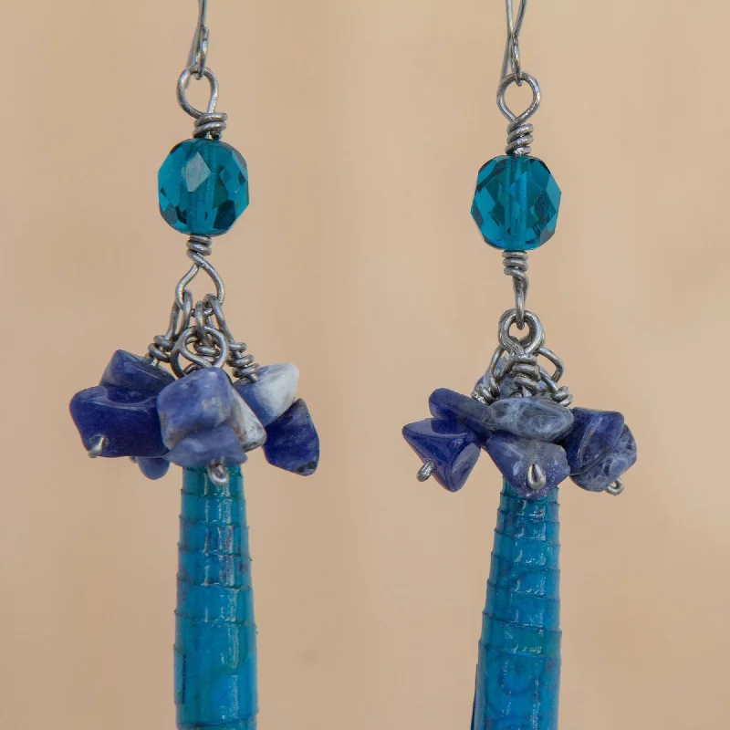 Vivid moonstone earrings-Handmade Stainless Steel Hope Sodalite Cluster Earrings (Brazil)