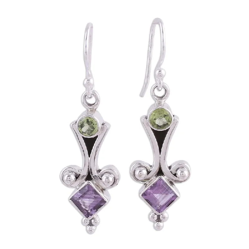 Diverse gem earrings-Handmade Sterling Silver 'Happiness' Peridot Amethyst Earrings (India) - 1.3L*0.4W