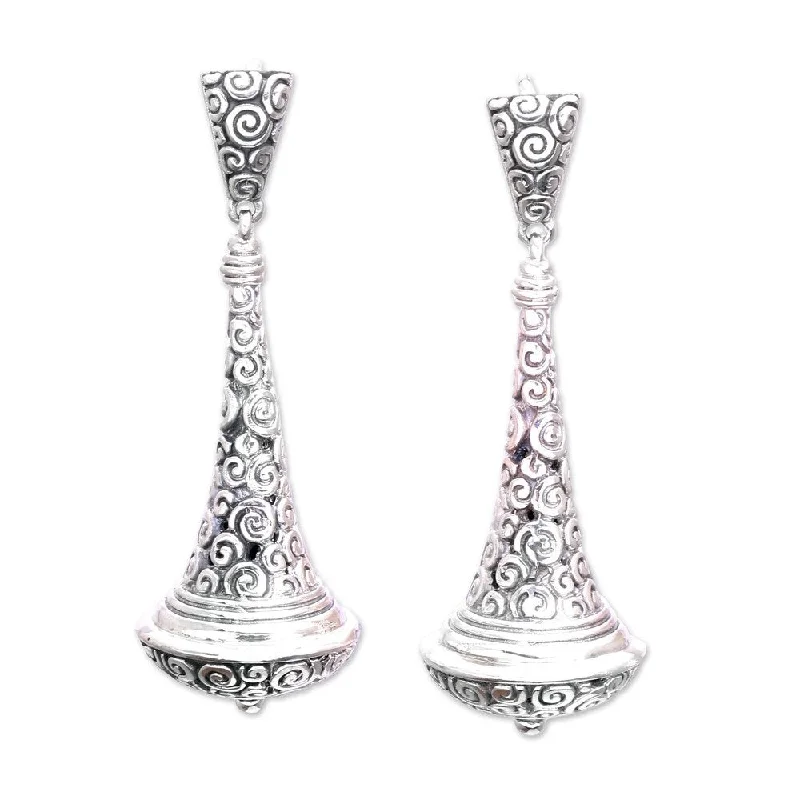 Incised design earrings-Handmade Sterling Silver Temple Bells Earrings (Indonesia)