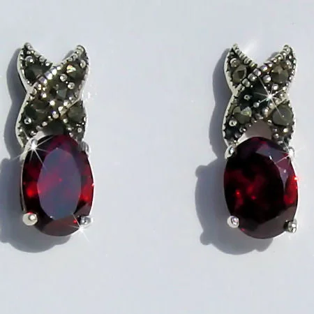 Shimmering drop earrings-Kate: 2.0ct Marcasite & Garnet Hugs-n-Kisses Post Earrings