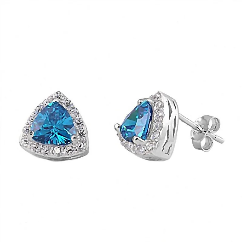 Ripple motif earrings-Lacey: Swiss Blue Topaz Ice CZ Trillion cut & IOF CZ Halo Earrings