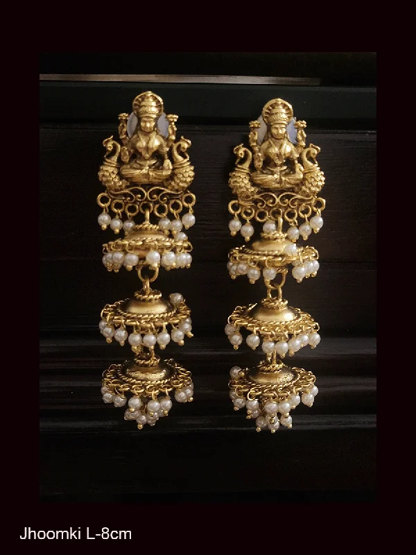 Domed bar earrings-Laxmiji with both sides peacock top pearly drop three tier long jhoomki