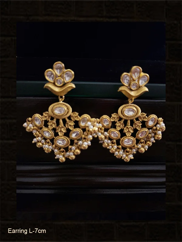 Held stone earrings-Leaf design polki classy earrings with gold bead drops