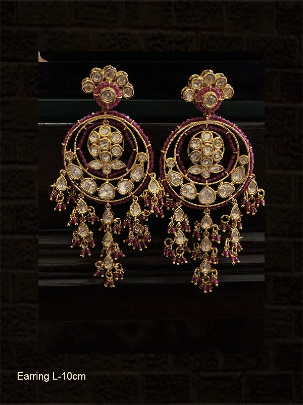 Matte quartzite earrings-Long uncut polki half flower top chandbali earrings