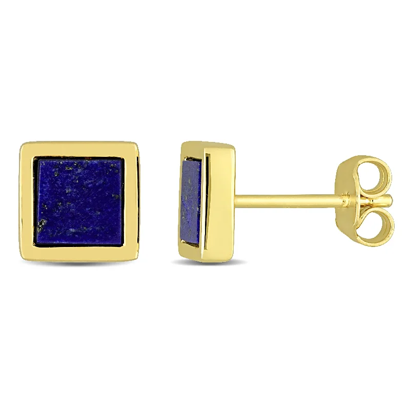 Layered birthstone earrings-Miadora 1ct TGW Lapis Square Stud Earrings in Yellow Silver