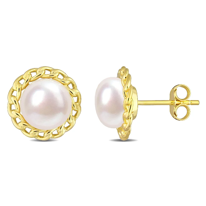 Seven-heart earrings-Miadora Cultured Freshwater Pearl Stud Earrings in Yellow Plated Sterling Silver (8-8.5mm)