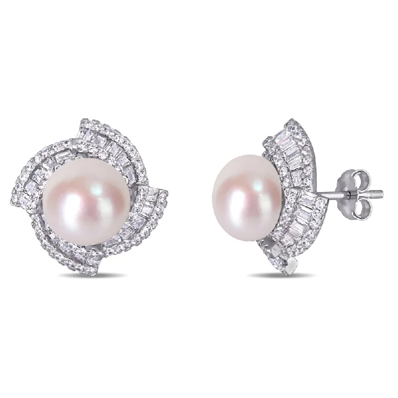 Antique kunzite earrings-Miadora Sterling Silver Cultured FW Pearl and CZ Swirl Halo Stud Earrings (9-10 mm)