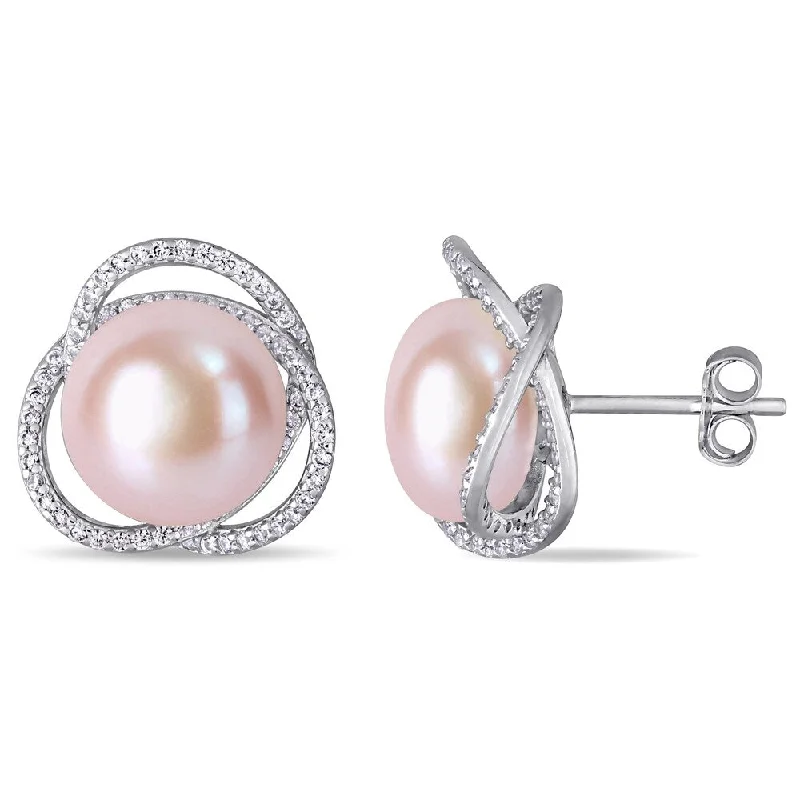 Solid gold earrings-Miadora Sterling Silver Pink Cultured FW Pearl Swirl and CZ Interlaced Halo Stud Earrings (11-12 mm)