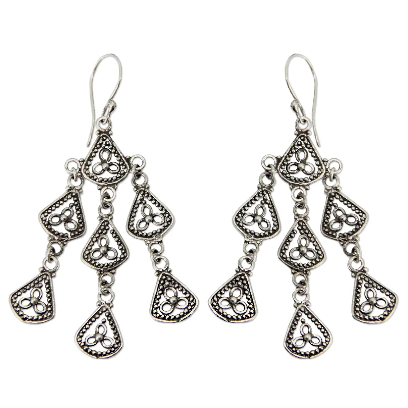 Spike motif earrings-NOVICA Bali Belle Handmade Artisan Articulated Delicate Oxidized 925 Sterling Silver Long Chandelier Earrings (Indonesia)