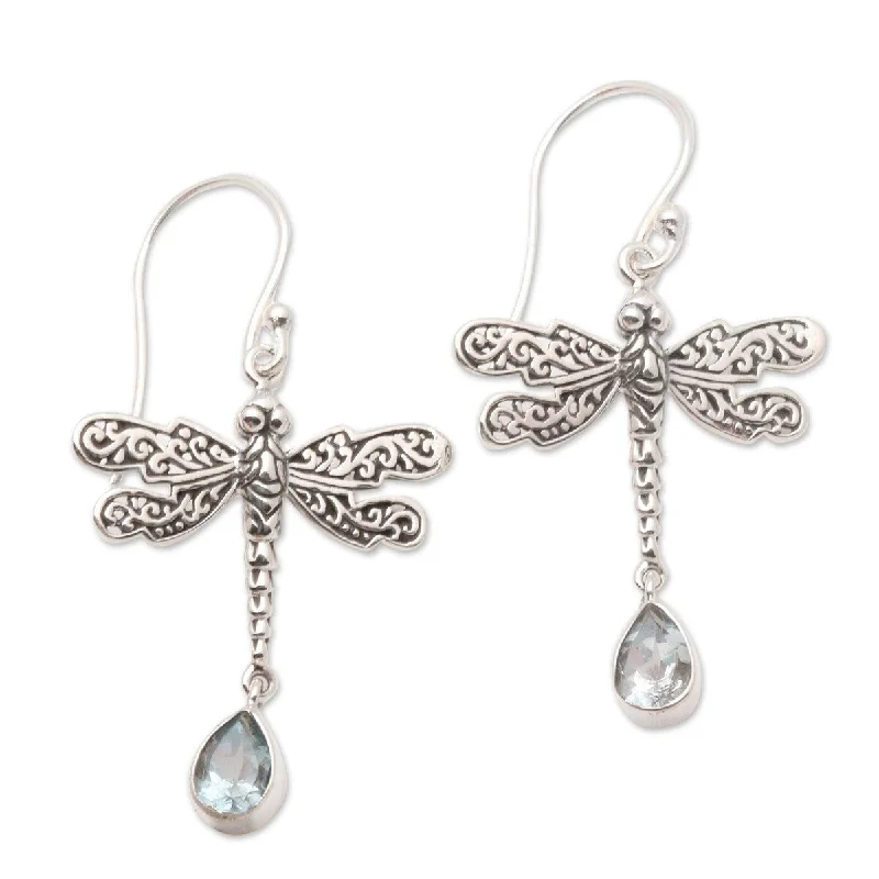 Curved gem earrings-NOVICA Dragonfly Freedom, Blue topaz dangle earrings - 1.6" L x 0.8" W x 0.1" D