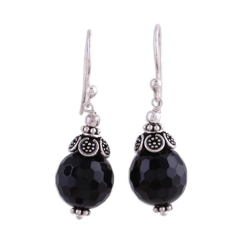 Bold sunstone earrings-NOVICA Handmade Jaipur Sonnet Sterling Silver Onyx Dangle Earrings (India)