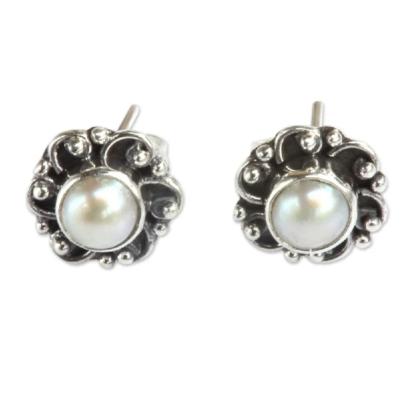 Fluted edge earrings-NOVICA Handmade Sterling Silver 'Moonlit Blossoms' Pearl Earrings (3.5 mm) (Indonesia)