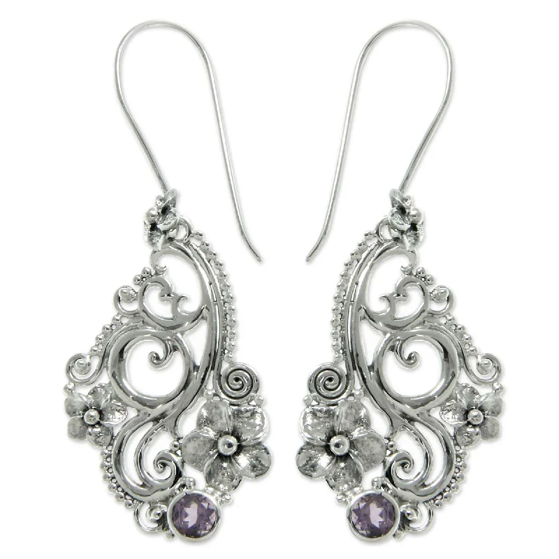 Solid gold earrings-NOVICA Sterling Silver 'Frangipani Arabesques' Amethyst Earrings (Indonesia)