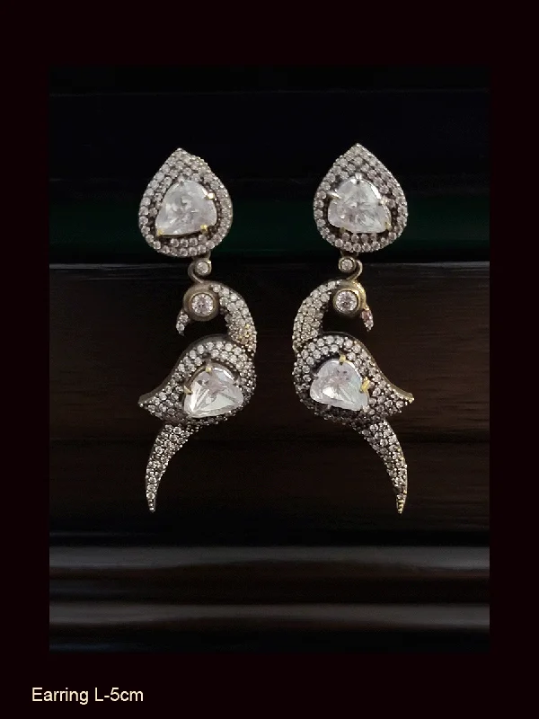 Protruding stone earrings-Peacock design white stone antique finish earrings