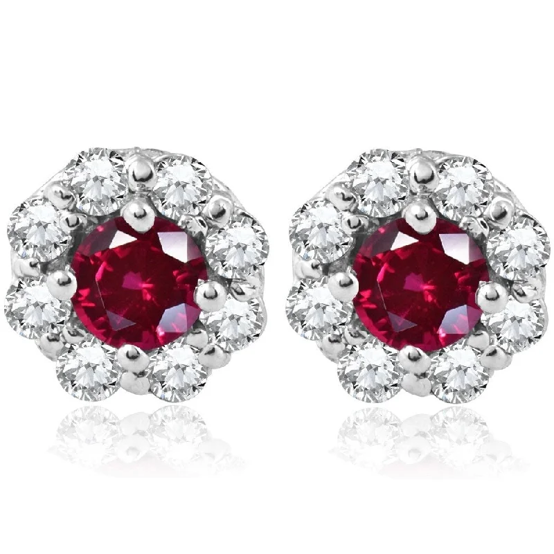 Glinting crystal earrings-Pompeii3 14k White Gold 2 1/2 ct TDW Diamond Halo Ruby Studs Womens Earrings - Red