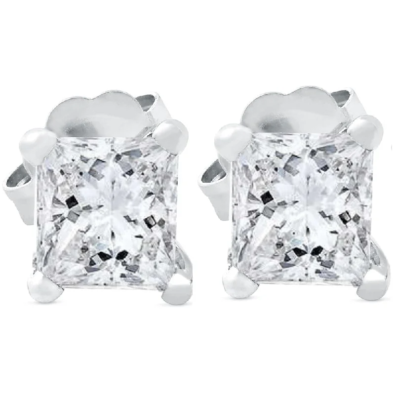 Halo-effect earrings-Pompeii3 14k White Gold 5/8 ct TDW Princess Cut Diamond Clarity Enhanced Studs (G-H/SI1-SI2) - White G-H