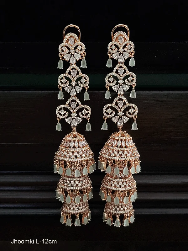 Diverse gem earrings-Rosegold finish 12 cm long AD triple layer jhoomki earrings with coloured tear drop stones