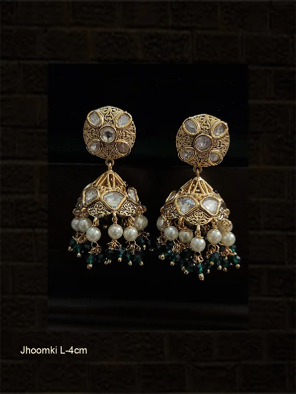 Protruding stone earrings-Small polki jhoomkies with pearl and coloured drop tassels