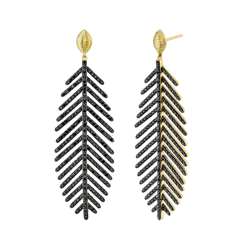 Sleek gem earrings-Medium Feather Earrings with Black Diamonds