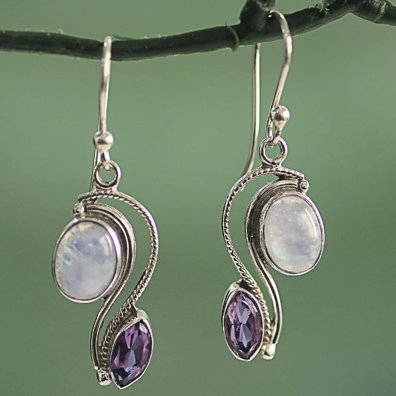 Textured stone earrings-Sterling Silver 'Colorful Curves' Amethyst Rainbow Moonstone Earrings - Purple