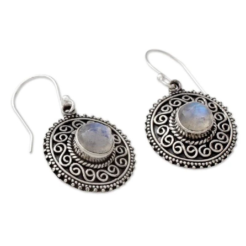 Radiant iolite earrings-Sterling Silver 'Moonlight Mandala' Rainbow Moonstone Earrings