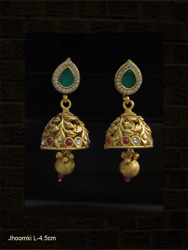 Glossy jet earrings-Stone studded leaf design domb jhoomki with zircon