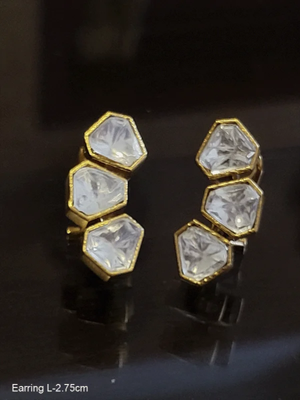 Extended diamond earrings-Three hexagonal shaped uncut polki earrings