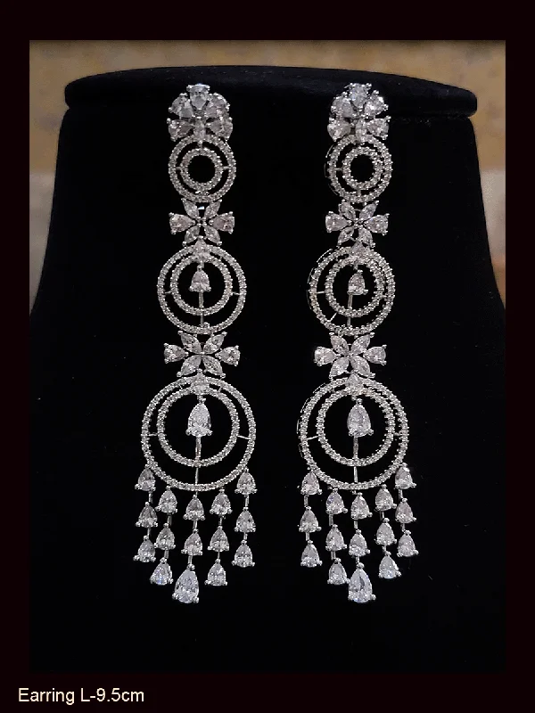 Glinting crystal earrings-Three layer round design AD long earrings with tear drop tassel