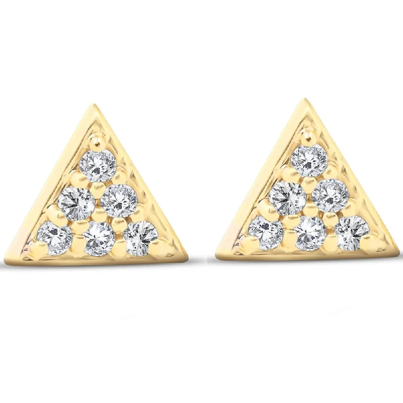 Vivid diamond earrings-Yellow Gold Triangle Pave 1/10 Ct Diamond Delicate Spike Studs Womens Earrings